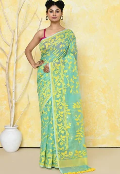 Handloom Jamdani Cotton Silk Saree in Sea Green