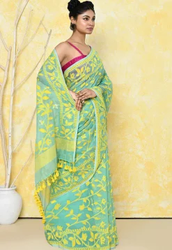 Handloom Jamdani Cotton Silk Saree in Sea Green