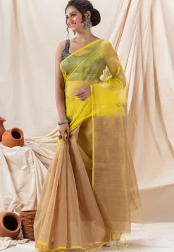 Handloom Jamdani Cotton Saree in Beige and Yellow