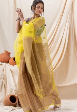 Handloom Jamdani Cotton Saree in Beige and Yellow