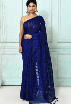 Handloom Jamdani Cotton Silk Saree in Dark Blue