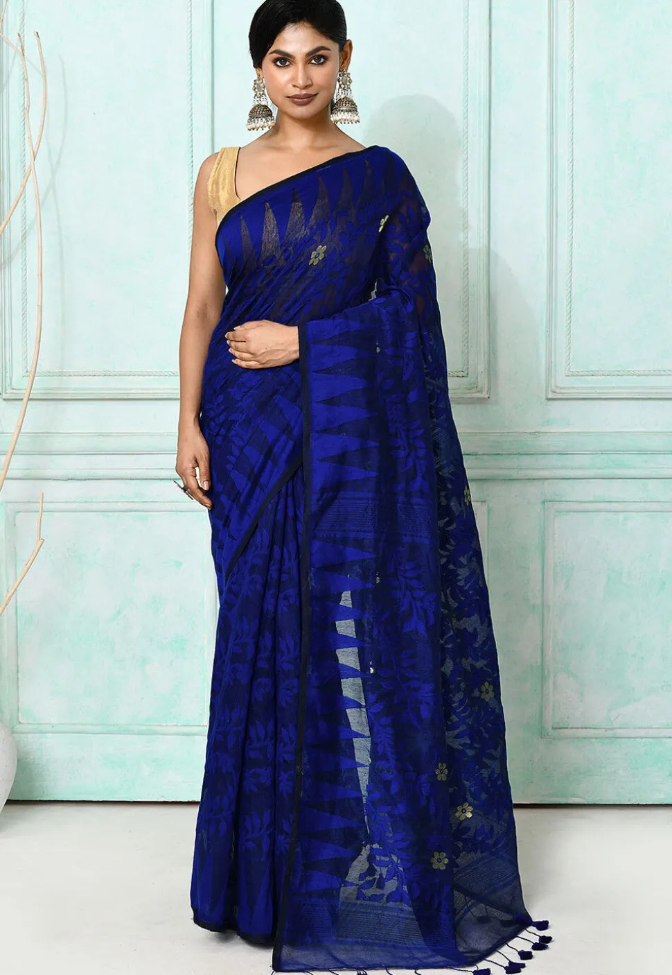 Handloom Jamdani Cotton Silk Saree in Dark Blue