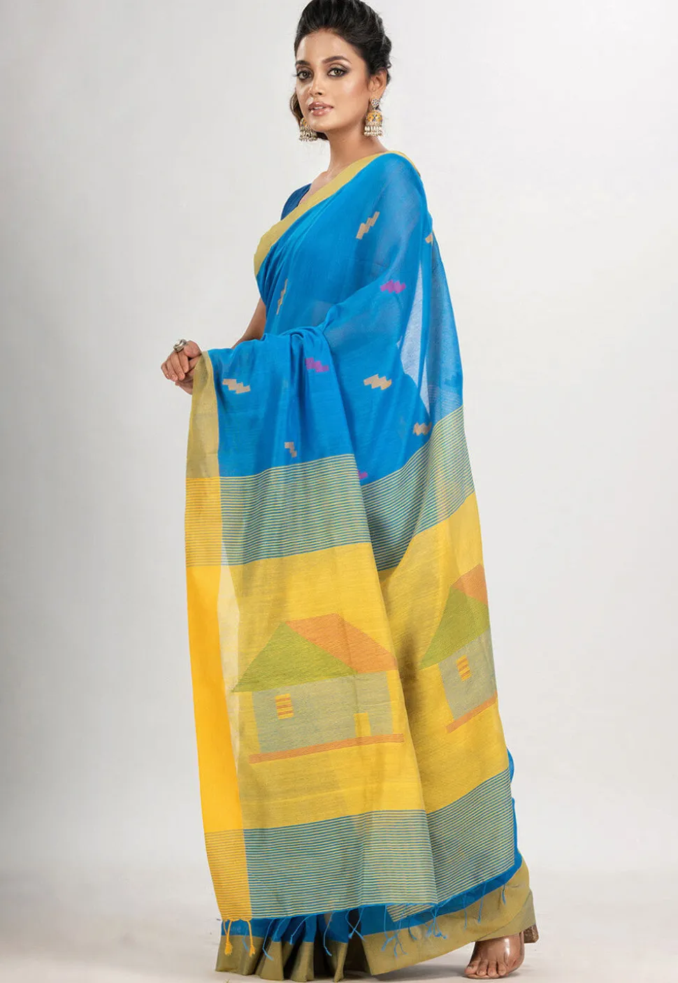 Handloom Jamdani Cotton Saree in Blue