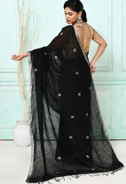 Handloom Jamdani Linen Silk Saree in Black