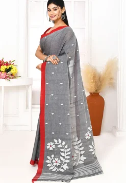 Handloom Jamdani Pure Cotton Saree in Grey