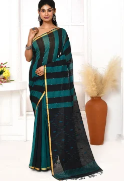Handloom Jamdani Pure Cotton Saree in Teal Blue and Black