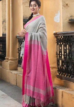 Handloom Jamdani Pure Cotton Saree in Light Grey