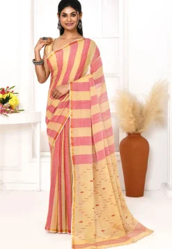 Handloom Jamdani Pure Cotton Saree in Beige and Pink