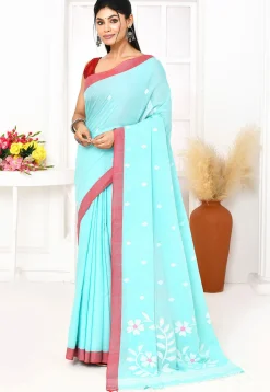 Handloom Jamdani Pure Cotton Saree in Sky Blue