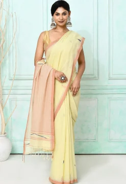 Handloom Jamdani Pure Cotton Saree in Light Yellow