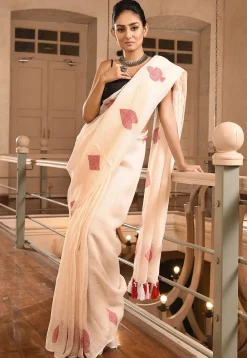 Handloom Jamdani Pure Linen Saree in Peach