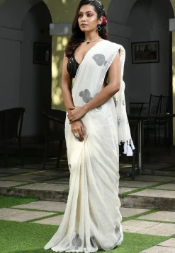 Handloom Jamdani Pure Linen Saree in Off White