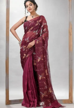 Handloom Jamdani Pure Matka Silk Saree in Wine