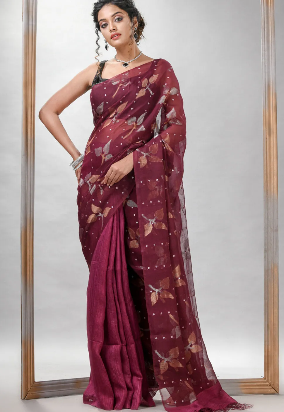 Handloom Jamdani Pure Matka Silk Saree in Wine