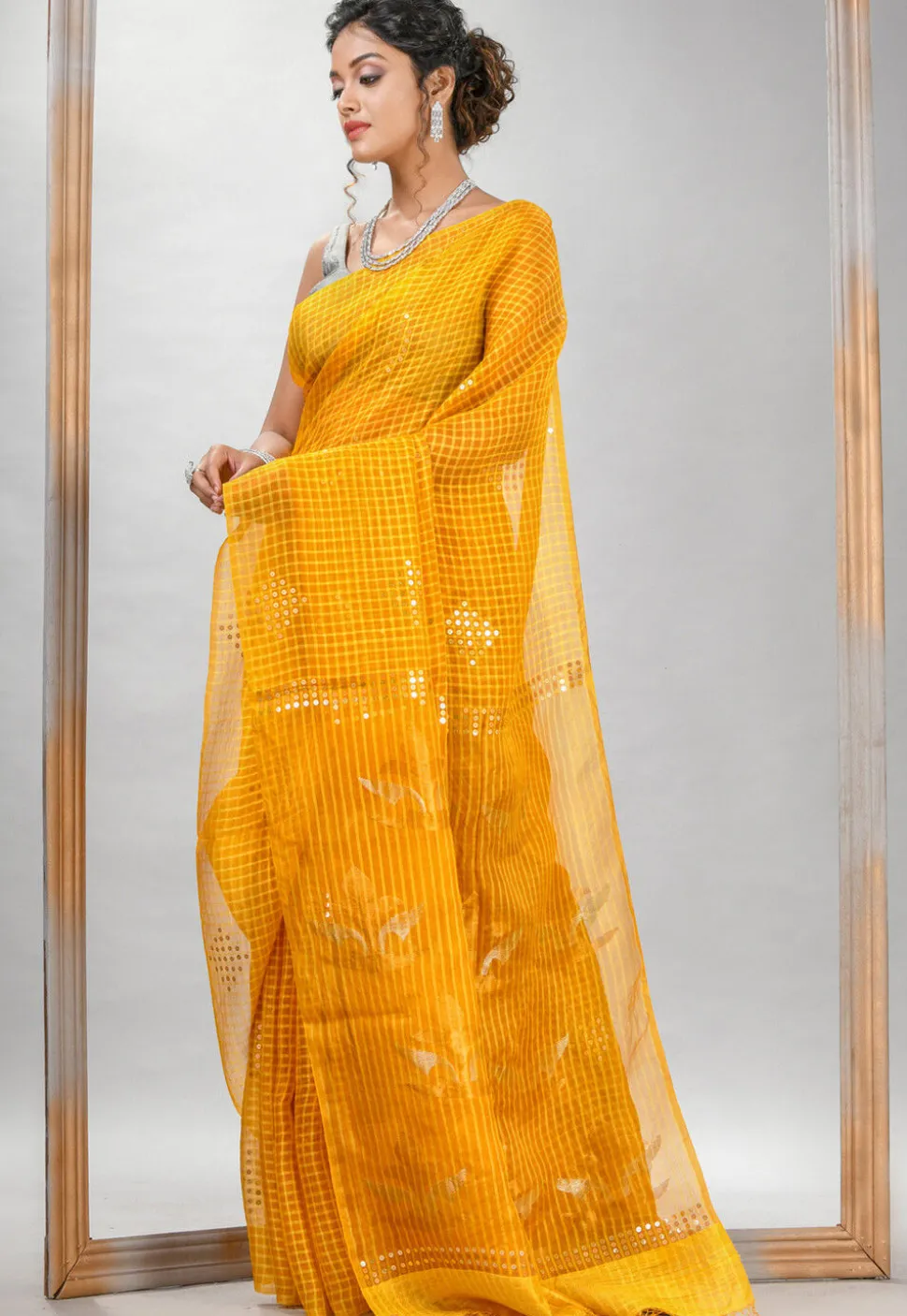 Handloom Jamdani Pure Matka Silk Saree in Dark Yellow