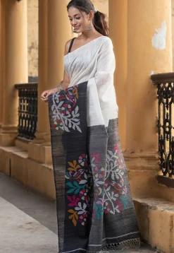 Handloom Jamdani Pure Matka Silk Saree in Off White and Black