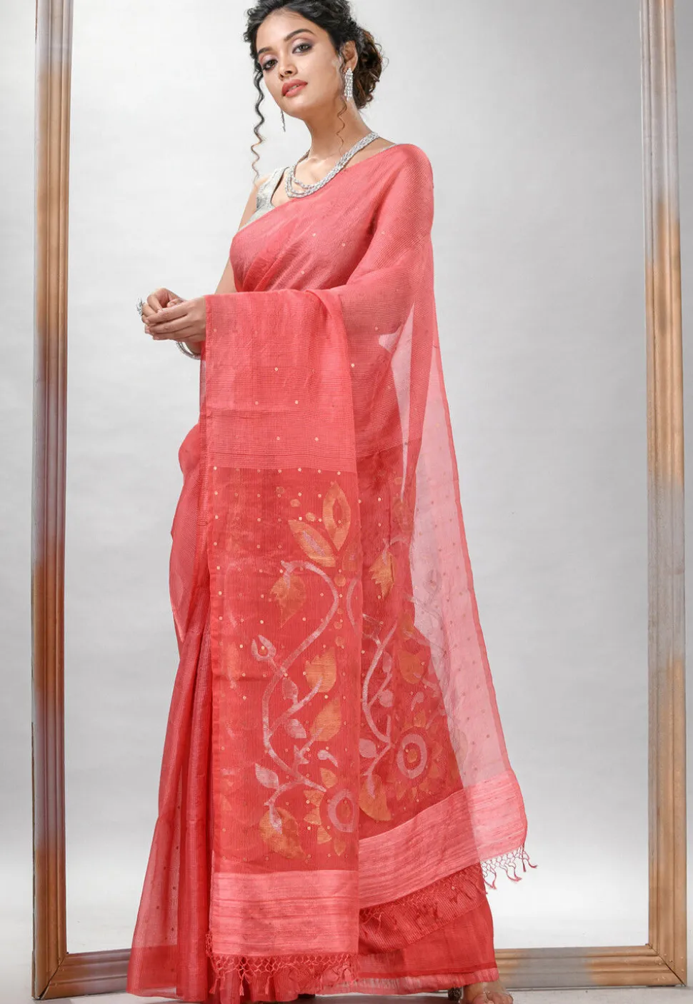 Handloom Jamdani Pure Matka Silk Saree in Peach Orange