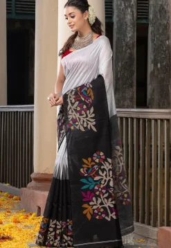 Handloom Jamdani Pure Matka Silk Saree in Off White and Black