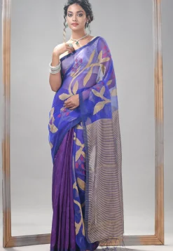 Handloom Jamdani Pure Matka Silk Saree in Royal Blue and Purple