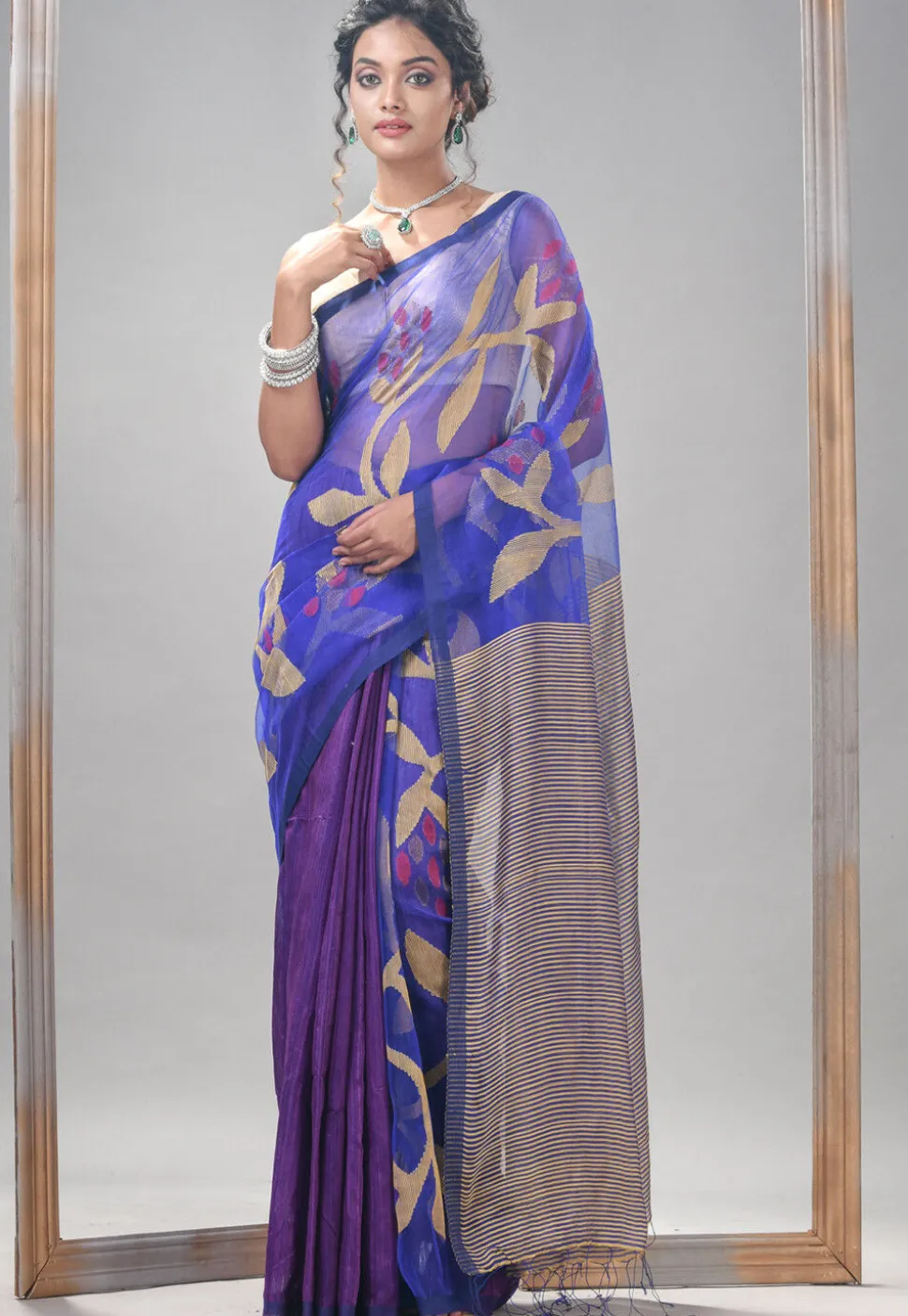 Handloom Jamdani Pure Matka Silk Saree in Royal Blue and Purple