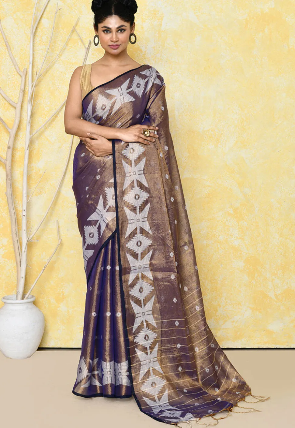 Handloom Jamdani Tissue Silk Saree in Golden and Purple
