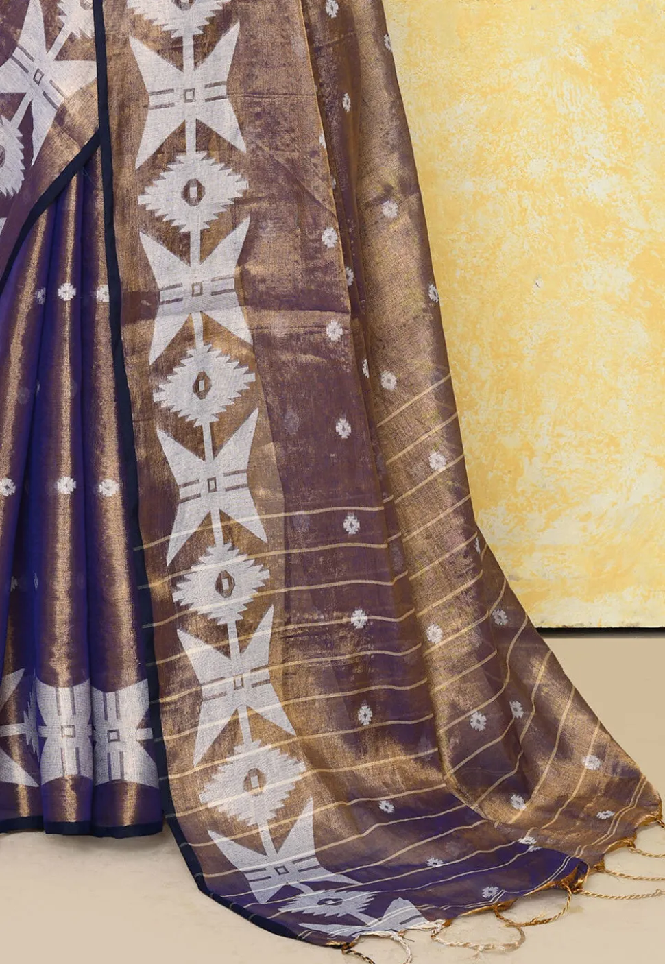 Handloom Jamdani Tissue Silk Saree in Golden and Purple
