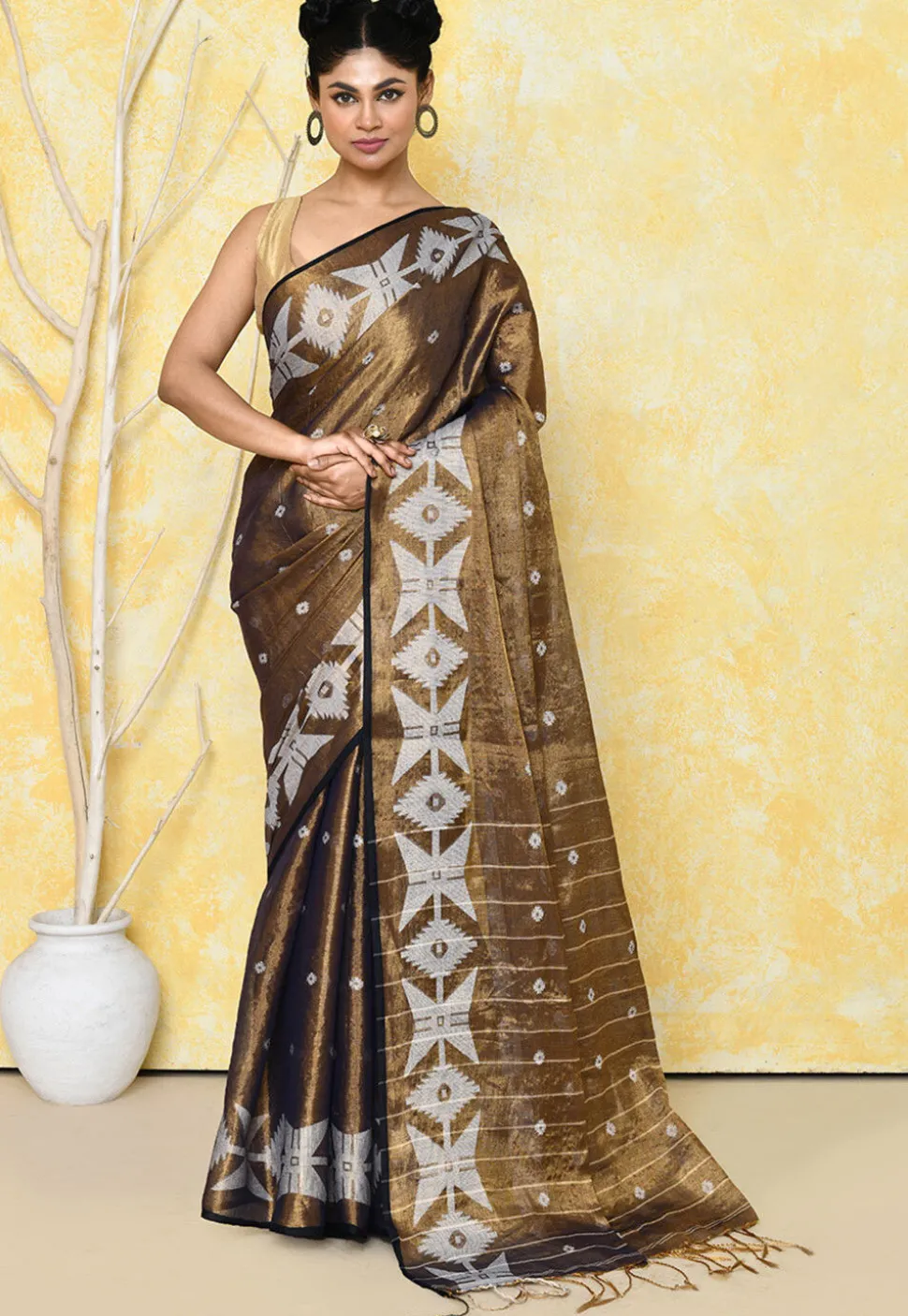 Handloom Jamdani Tissue Silk Saree in Brown