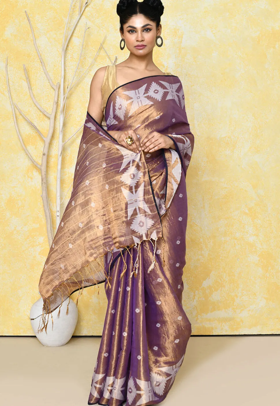 Handloom Jamdani Tissue Silk Saree in Golden and Purple