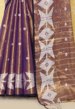 Handloom Jamdani Tissue Silk Saree in Golden and Purple