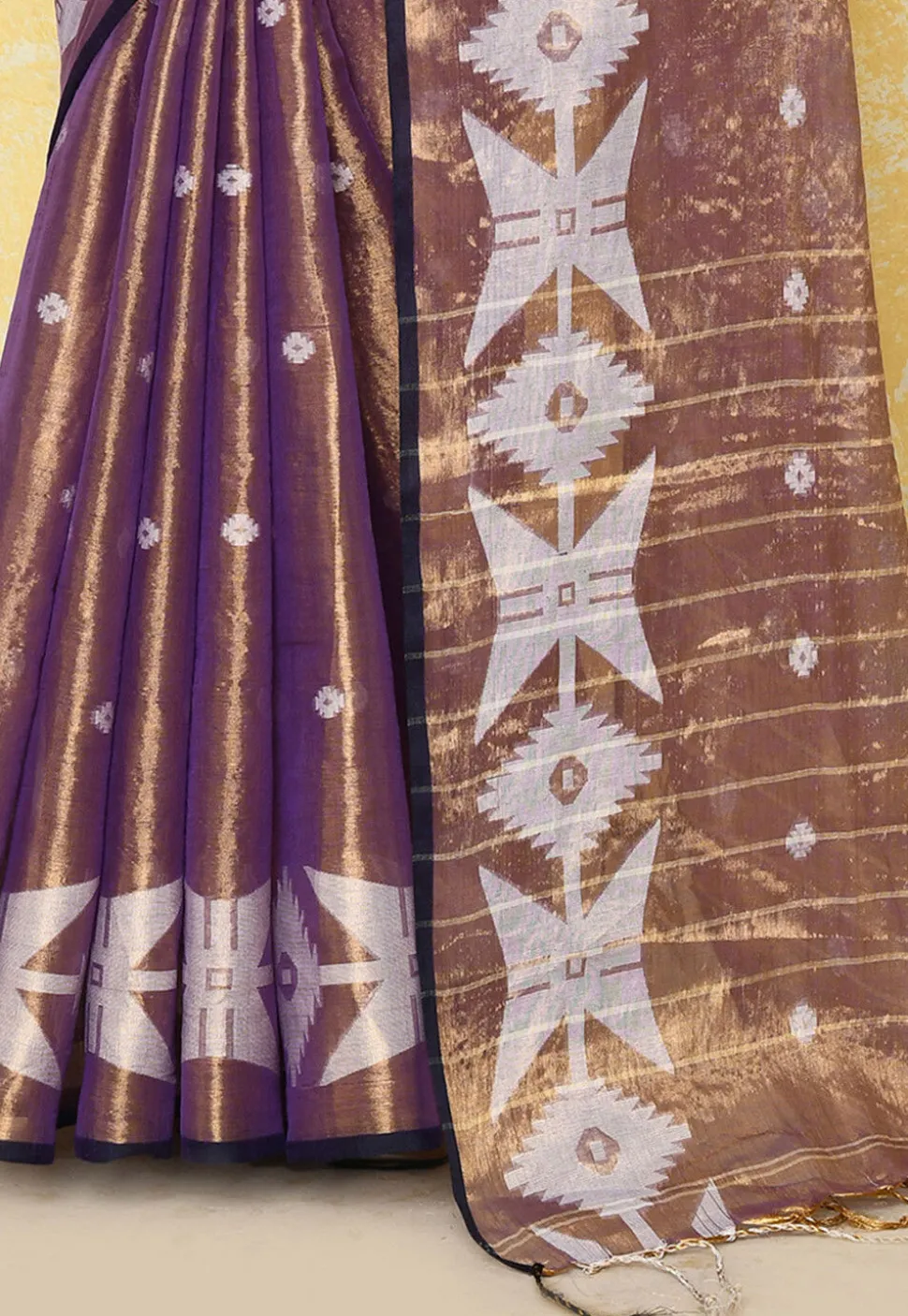 Handloom Jamdani Tissue Silk Saree in Golden and Purple