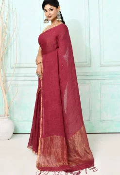 Handloom Linen Silk Saree in Maroon