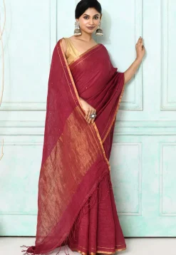 Handloom Linen Silk Saree in Maroon