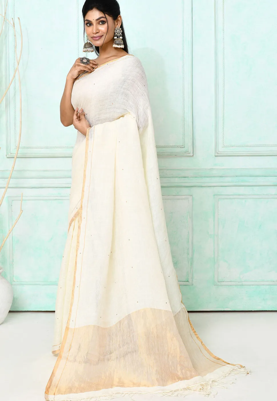 Handloom Linen Silk Saree in Off White