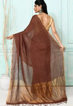Handloom Linen Silk Saree in Brown