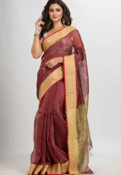 Handloom Linen Silk Saree in Old Rose
