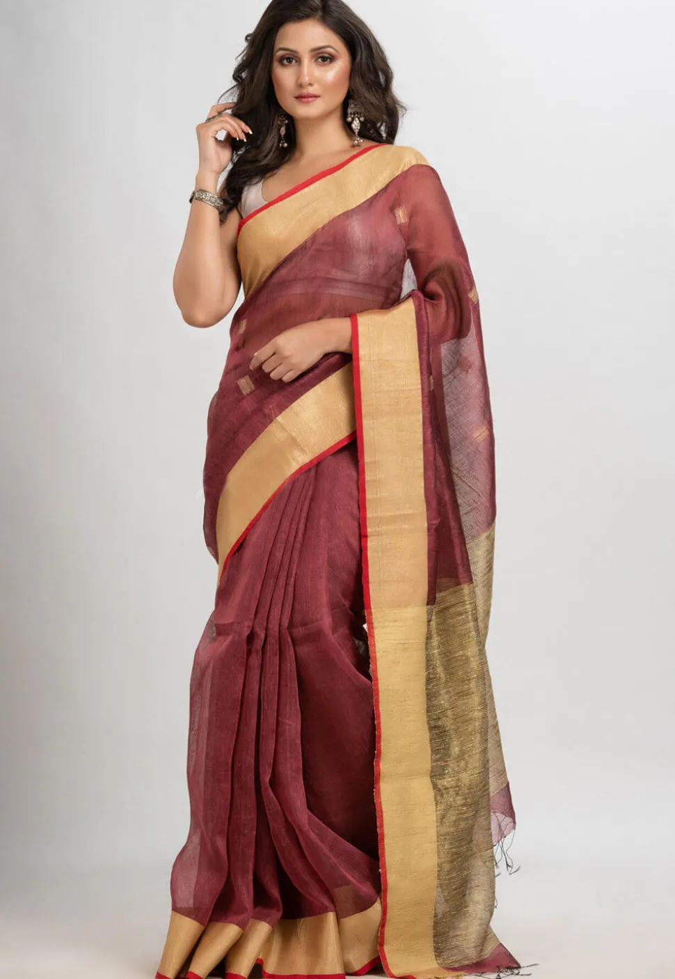 Handloom Linen Silk Saree in Old Rose