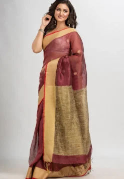 Handloom Linen Silk Saree in Old Rose