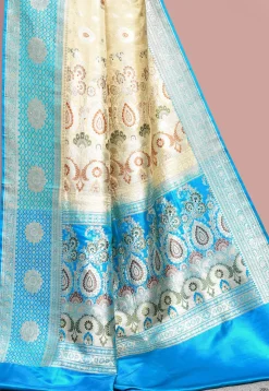 Handloom Pure Banarasi Katan Silk Saree in Beige and Blue