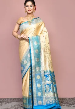 Handloom Pure Banarasi Katan Silk Saree in Beige and Blue