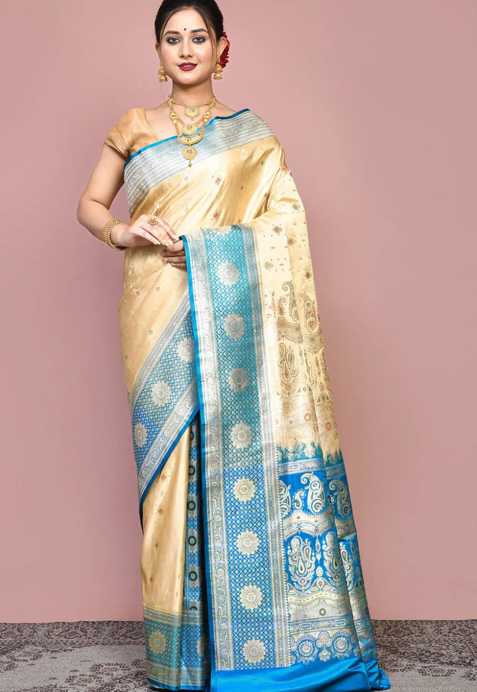 Handloom Pure Banarasi Katan Silk Saree in Beige and Blue