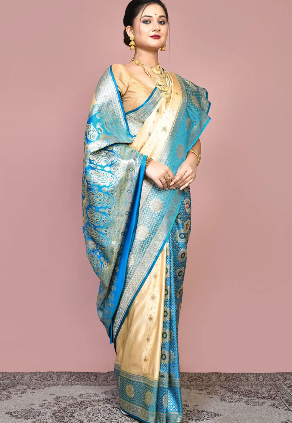 Handloom Pure Banarasi Katan Silk Saree in Beige and Blue