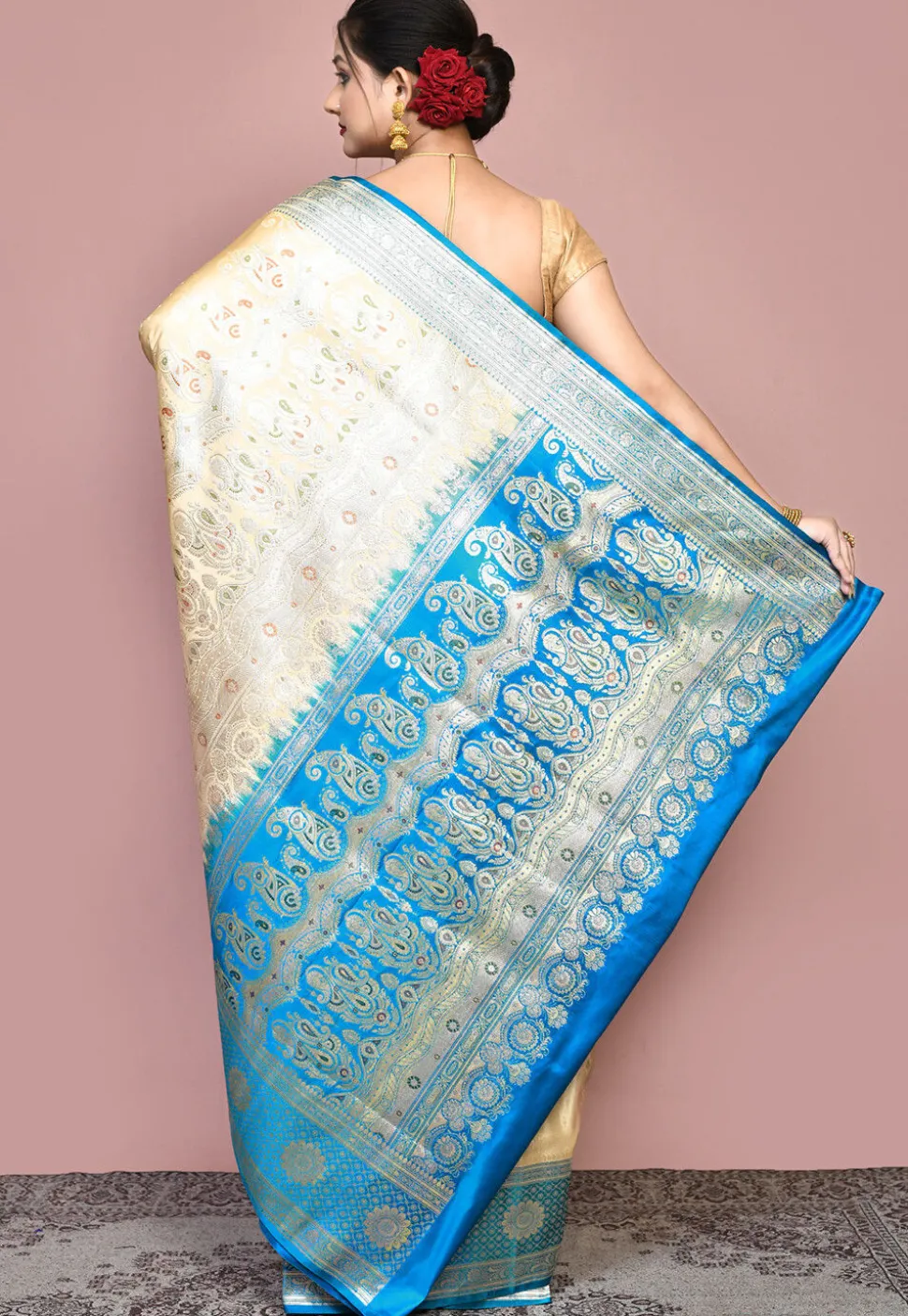 Handloom Pure Banarasi Katan Silk Saree in Beige and Blue