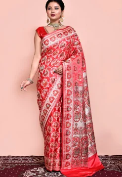 Handloom Pure Banarasi Katan Silk Saree in Coral Pink