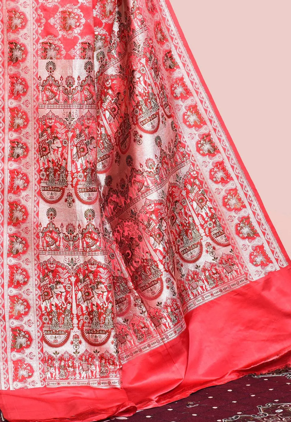 Handloom Pure Banarasi Katan Silk Saree in Coral Pink