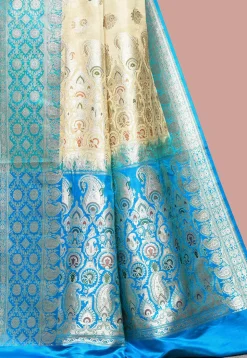 Handloom Pure Banarasi Katan Silk Saree in Beige and Blue