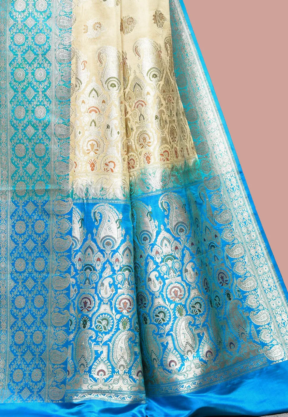 Handloom Pure Banarasi Katan Silk Saree in Beige and Blue