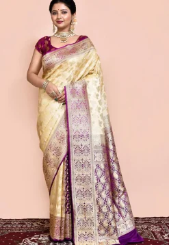 Handloom Pure Banarasi Katan Silk Saree in Beige and Violet