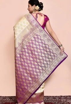 Handloom Pure Banarasi Katan Silk Saree in Beige and Violet
