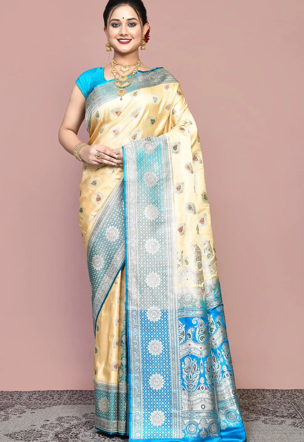 Handloom Pure Banarasi Katan Silk Saree in Beige and Blue