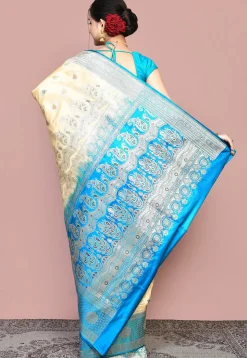 Handloom Pure Banarasi Katan Silk Saree in Beige and Blue